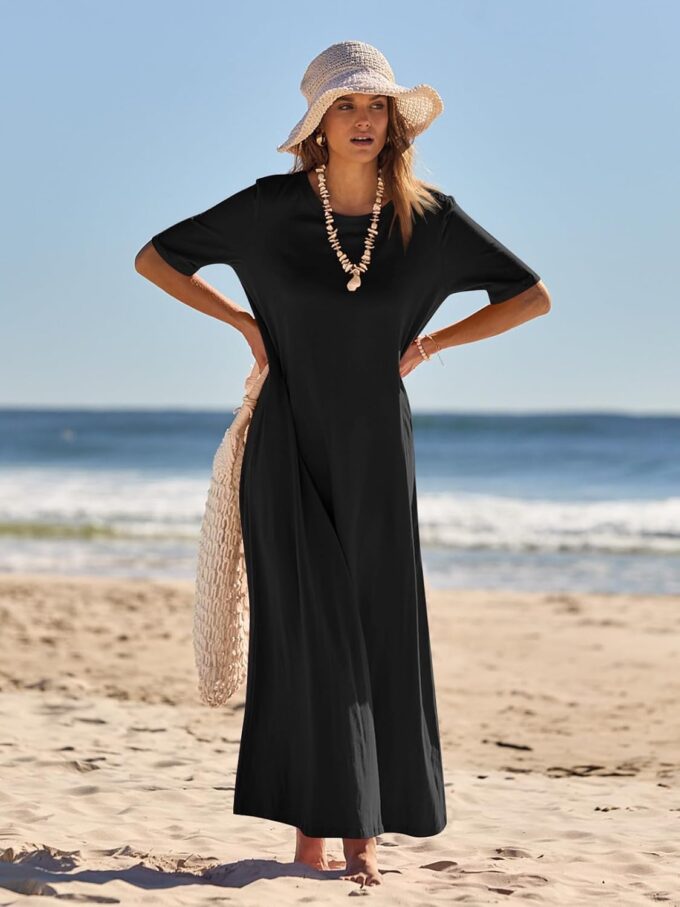 MEROKEETY Women's 2025 Summer Casual Maxi Dress Beach Vacation Short Sleeve Crewneck Basic Long T Shirt Dresses – Bild 3
