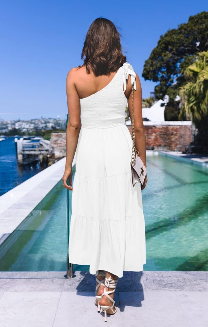 MEROKEETY Women's Summer One Shoulder Sleeveless Knot Smocked Midi Dress Split Tiered Flowy Dresses – Bild 4