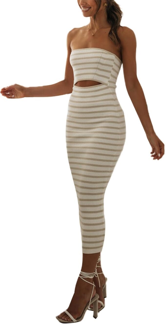 NUFIWI Women Summer Strapless Knitted Long Dress Off Shoulder Striped Cutout Midi Dress Bodycon Backless Beach Sun Dress – Bild 3
