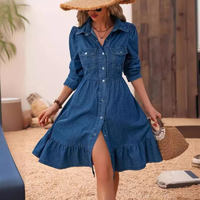 utcoco Women's Flowy Denim Dress 2025 Vacation Lapel Long Puff Sleeve Button Down A Line Swing Ruffle Jean Dress – Bild 2