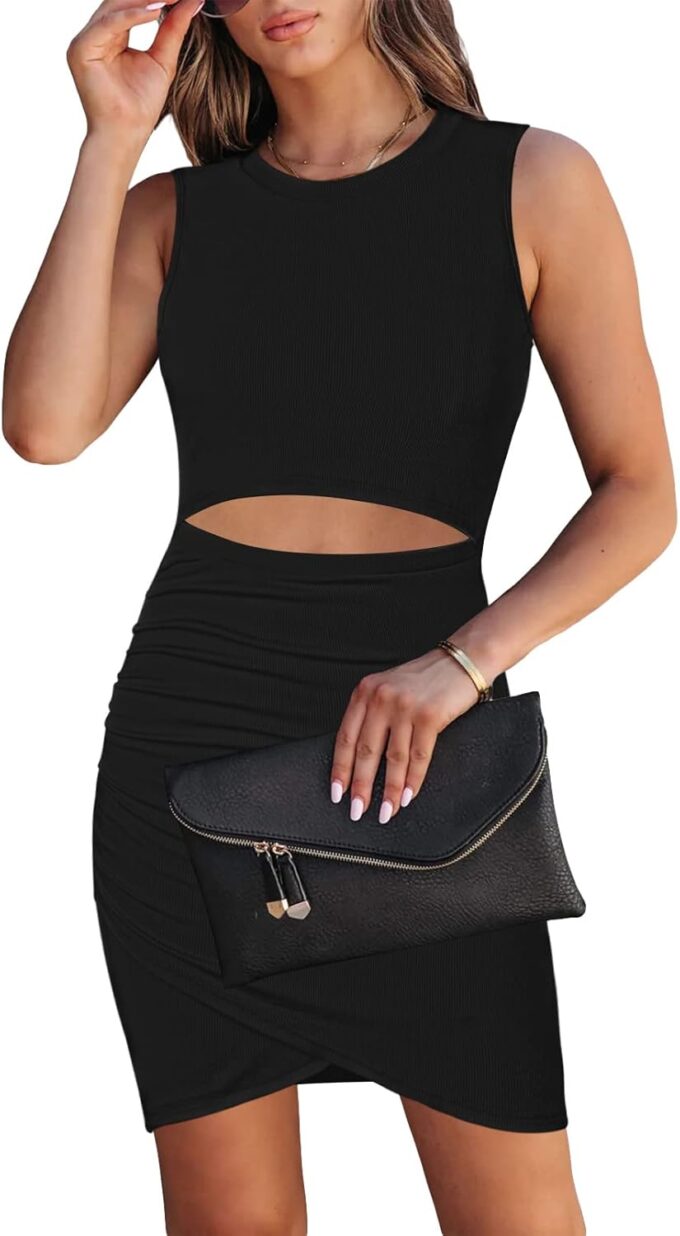 HUUSA Women's Crewneck Sleeveless Cutout Bodycon Mini Dress Casual Summer Slim Fit Cocktail Party Wrap Short Dresses Outfits