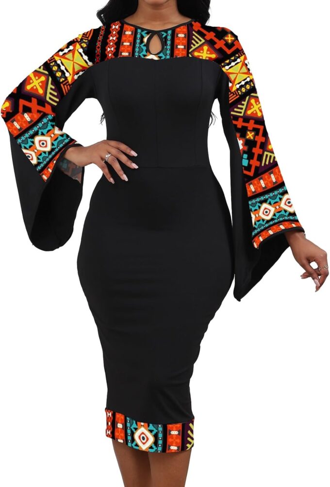 Oxgmoky Damen Kleid Kirche Kleider Arbeit Business Bodycon Split Sleeve Rundhals Floral Pencil Kleider