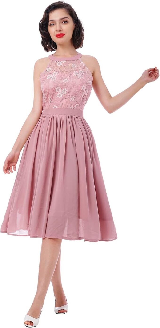 Abendkleider Elegant für Hochzeit Damen Neckholder Swing Spitzen Chiffon Cocktailkleid – Bild 6