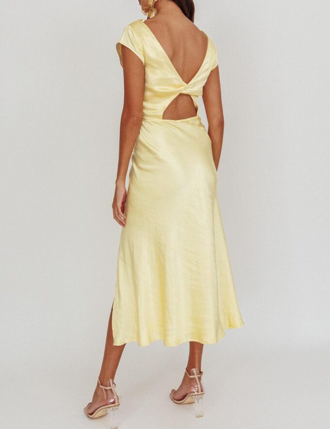 Women's Summer Satin Elegance Backless Twist Cap Sleeves Midi Dress 2025 Sexy Cowl Neck Slit Cocktail Wedding Guest Dresses – Bild 2