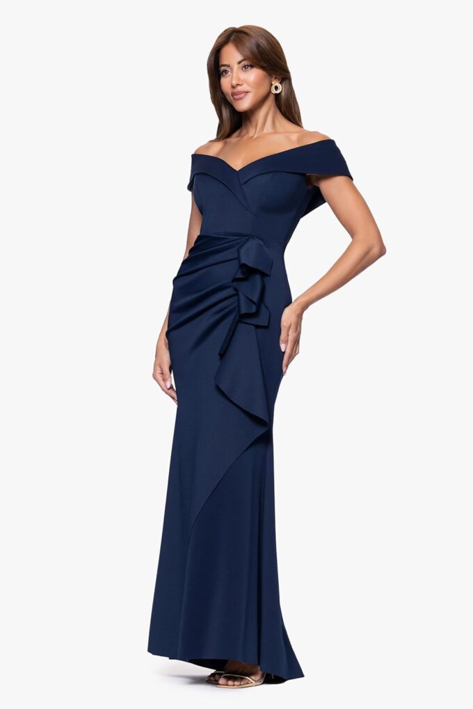 Xscape Women's Long Off Shoulder Sweetheart Neck Side Ruffle Gown (Reg and Petite) – Bild 2