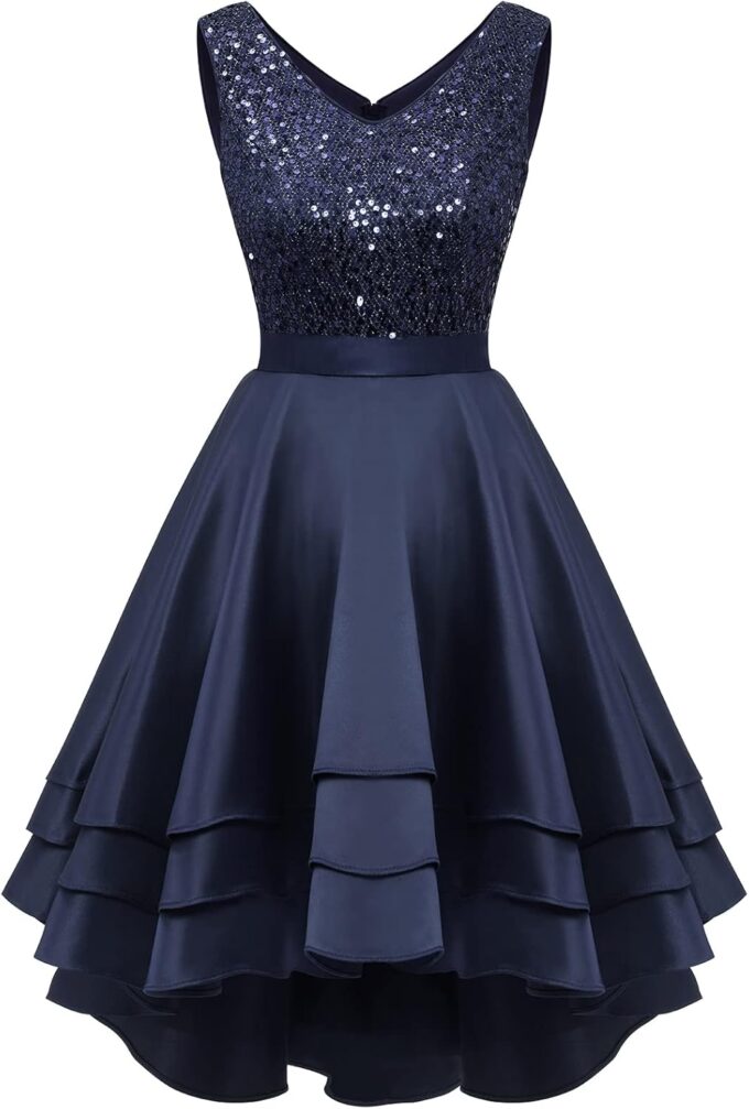 Meetjen Women's Sequin Prom Dresses Cocktail Party Sparkly Short V Neck A-line High Low Satin Formal Dress for Wedding – Bild 5