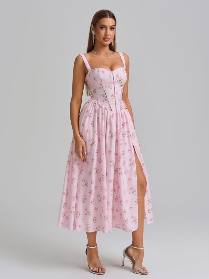 KUTUMAI Floral Corset Midi Dress Flowy Slit Summer Spring Wedding Guest Dresses for Women Sundress with Pockets – Bild 4