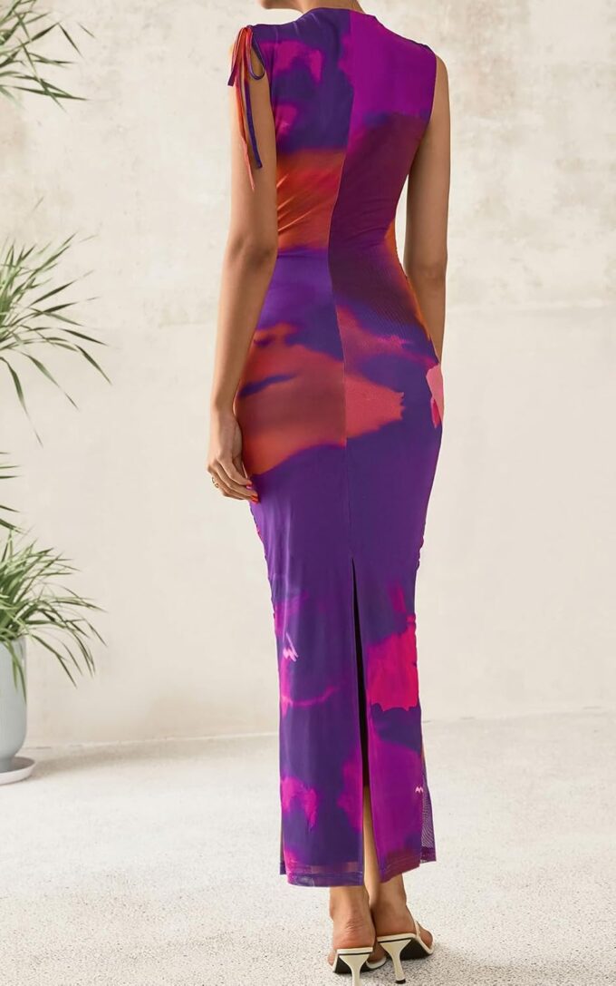 PRETTYGARDEN Women's Summer Maxi Floral Dresses Ruched Bodycon Sleeveless Mesh Formal Wedding Guest Cocktail Split Long Dress – Bild 5