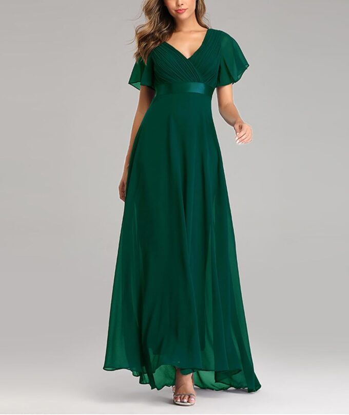 ECDAHICC Damen Abendkleider Gürtel V-Ausschnitt Hohe Taille A-Linie Chiffon Brautjungfernkleid Elegant Lang Ballkleid – Bild 3
