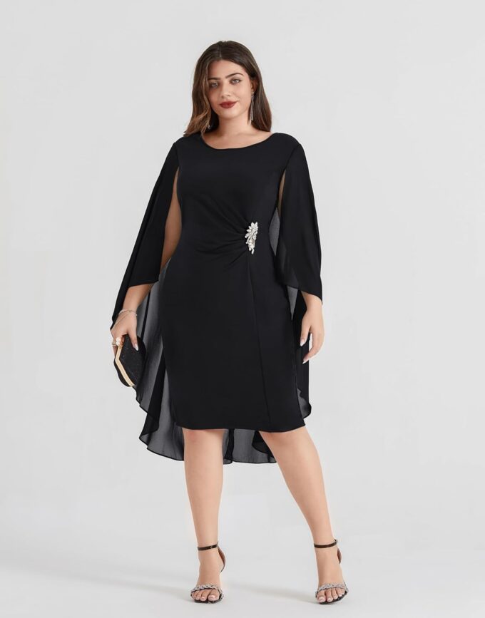 Hanna Nikole Womens Plus Size Chiffon Cape Dress Crew Neck Wedding Guest Dresses Ruched Bodycon Cocktail Pencil Dress – Bild 2