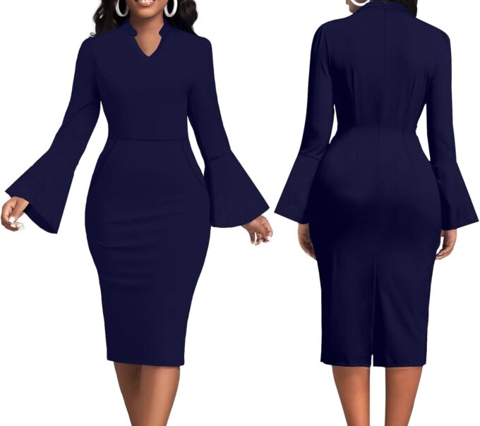 Kirchenkleider für Damen, ausgestellte Ärmel, V-Ausschnitt, Business-Kleidung, für die Arbeit, Vintage-Stil, mittelgroß, Bleistiftkleid, formelles Kleid mit Tasche – Bild 3