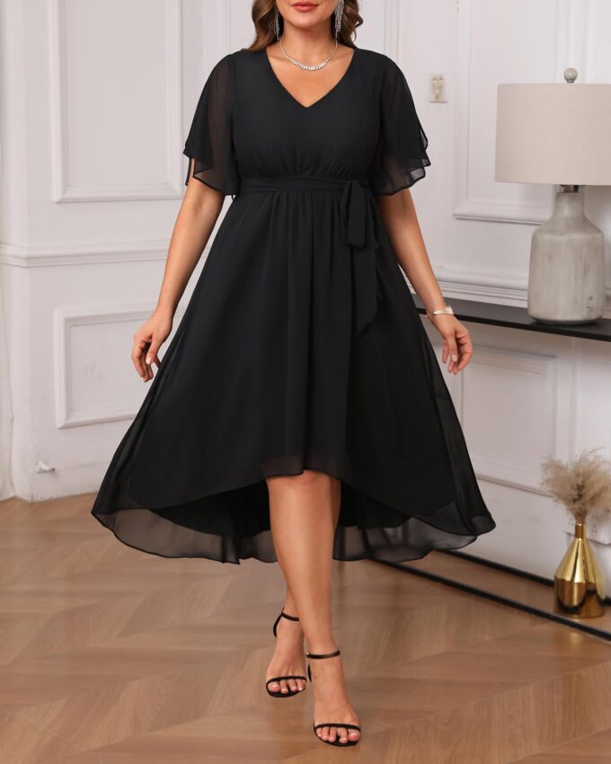 Plus Size Dresses Wedding Guest - Formal Cocktail Chiffon V Neck Short Sleeve High Low Dress Curvy Women – Bild 4