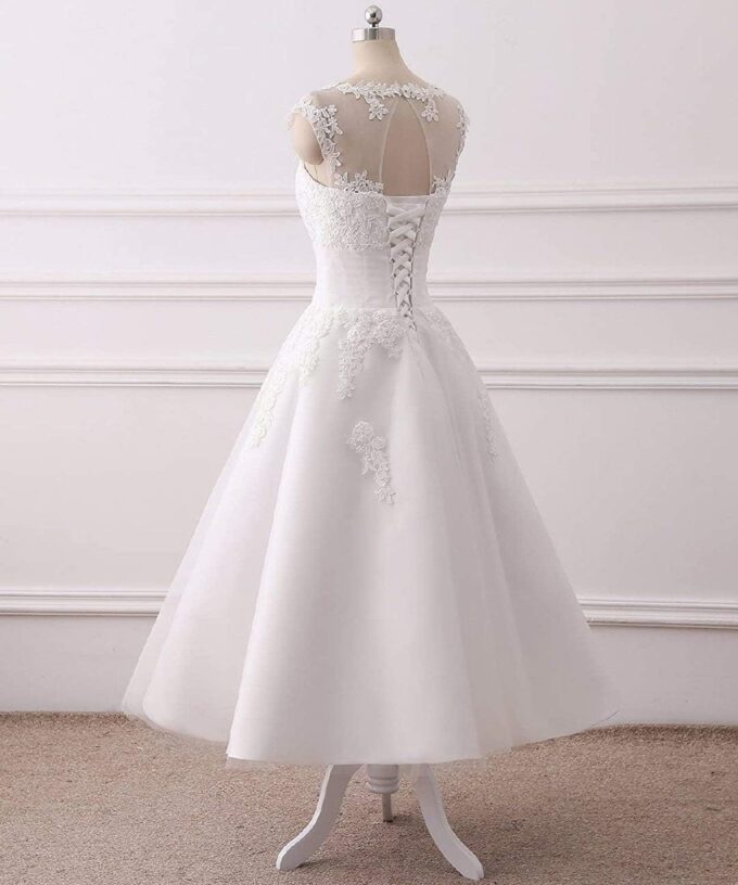 LNNLSS Elegante Kurz Vintage Brautkleid für Braut mit Spitze Ärmellos, Elfenbein, 56 – Bild 2
