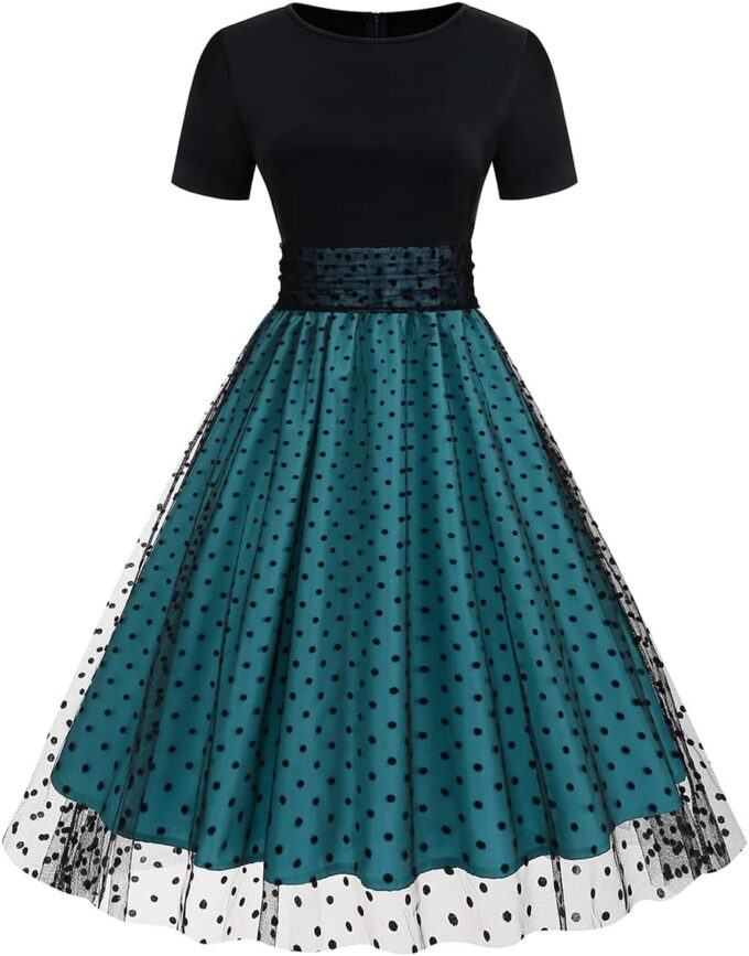 Odizli Rockabilly Kleider Damen 50er Jahre Kurzarm Mesh Polka Dot Tüllkleid Sommer Swing Coctailkleid