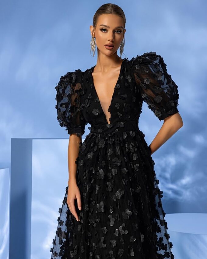 Women's Floral Tulle A Line Puffy Sleeve Prom Dresses Elegant V Neck Formal Evening Party Gowns – Bild 6