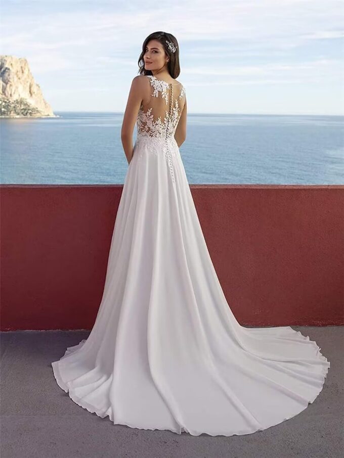 PSFVHHQI Hochzeitskleid Brautkleider Langarm V-Ausschnitt Standesamt Brautmode Brautkleider, White 14, 44 – Bild 4