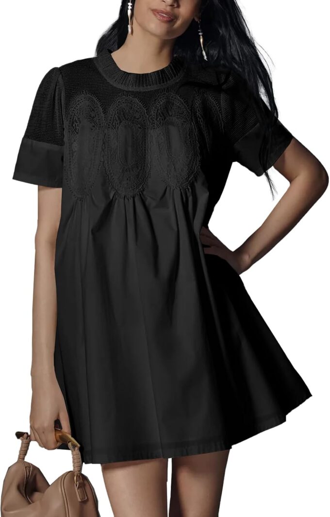 Shiyifa Womens Babydoll Lace Patchwork Dresses Summer Short Sleeve Ruffle Sundress Loose Crew Neck A-Line Dresses