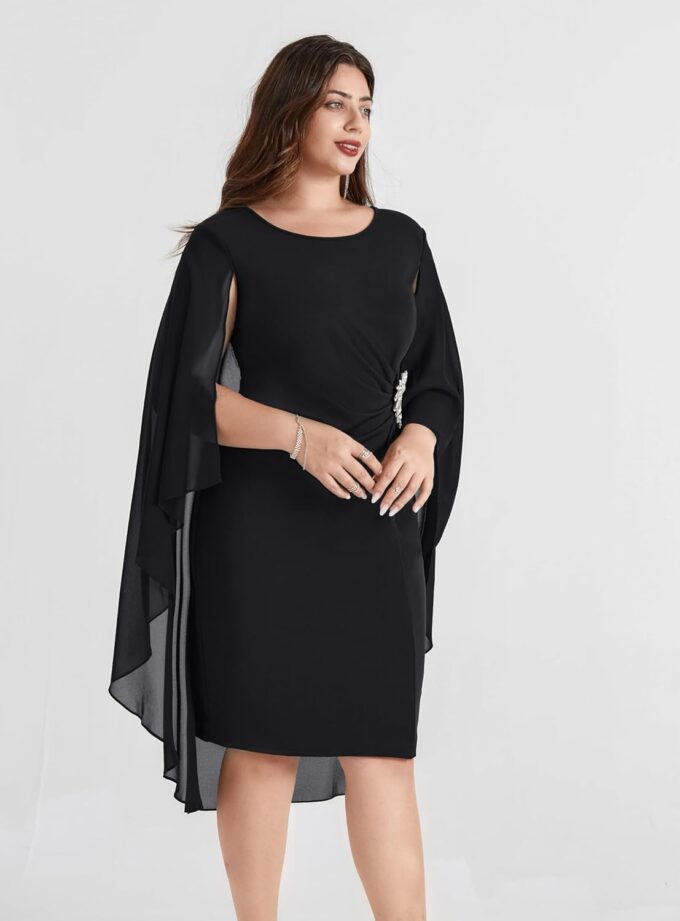 Hanna Nikole Womens Plus Size Chiffon Cape Dress Crew Neck Wedding Guest Dresses Ruched Bodycon Cocktail Pencil Dress – Bild 8