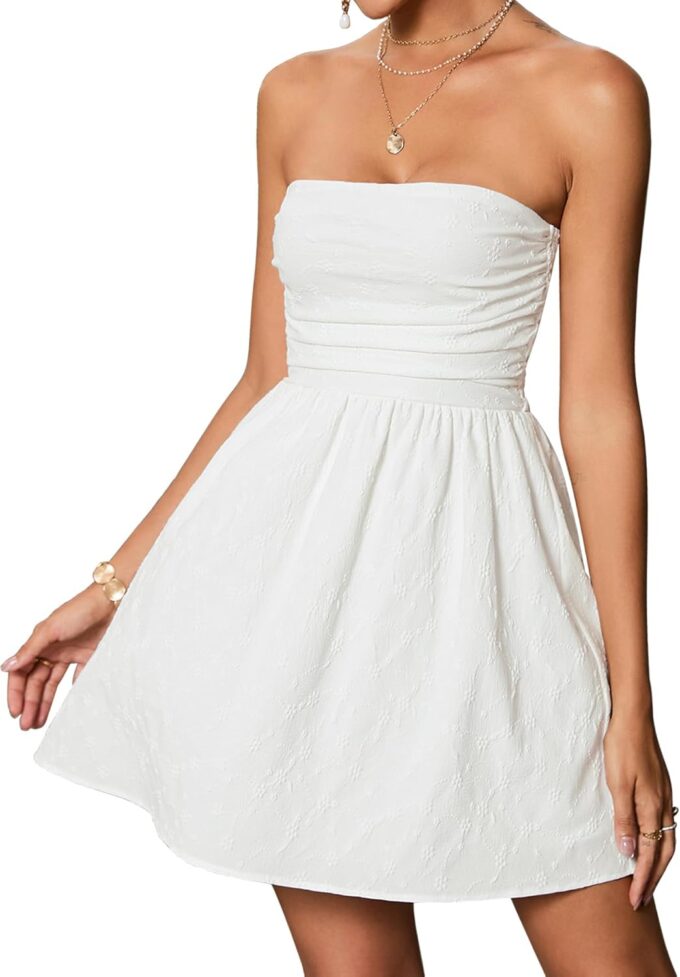 Summer Strapless Mini Dress Sleeveless Smocked Flowy A Line Beach Tube Top Dresses for Women 2025