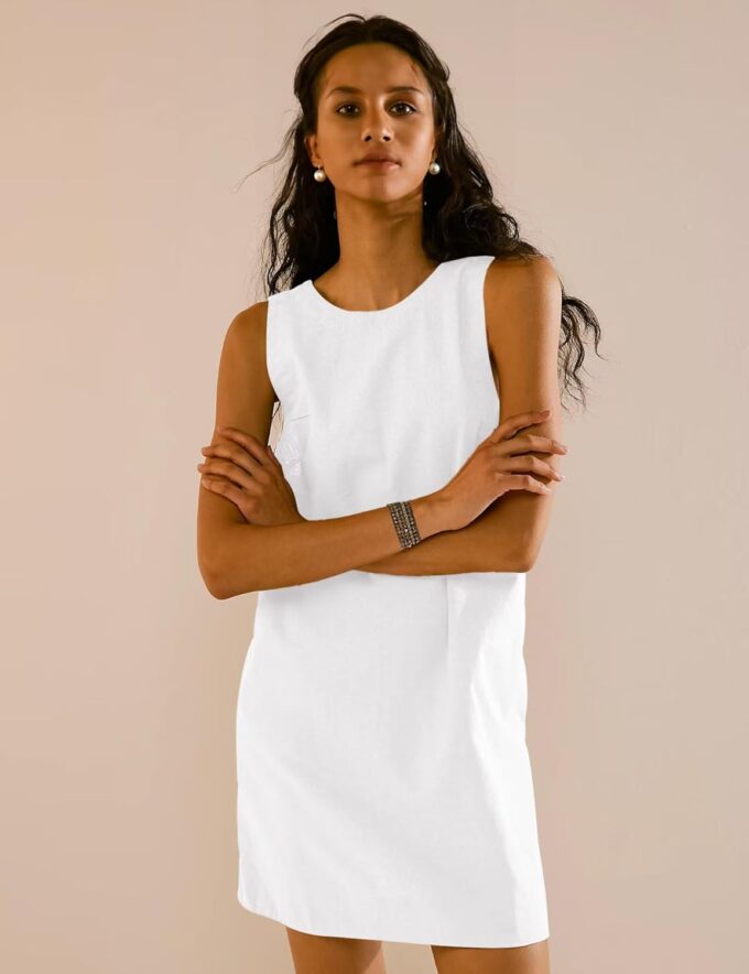VIUTIL Womens Summer Linen Mini Dress Boat Neck Low Back Sleeveless Tank Dresses with Pockets 2025 Vacation Outfits – Bild 2