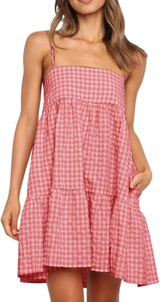Wenrine Womens Summer Plaid Mini Dress Casual Spaghetti Strap Sleeveless A Line Beach Sundress with Pockets