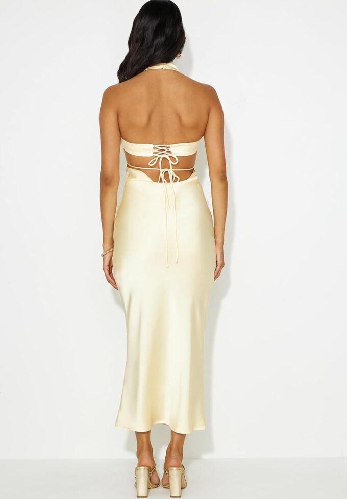 Phicia Sexy Satin Halter Neck Backless Maxi Dress for Women Elegant Tie Cowl Back Formal Wedding Guest Dress for Summer – Bild 4
