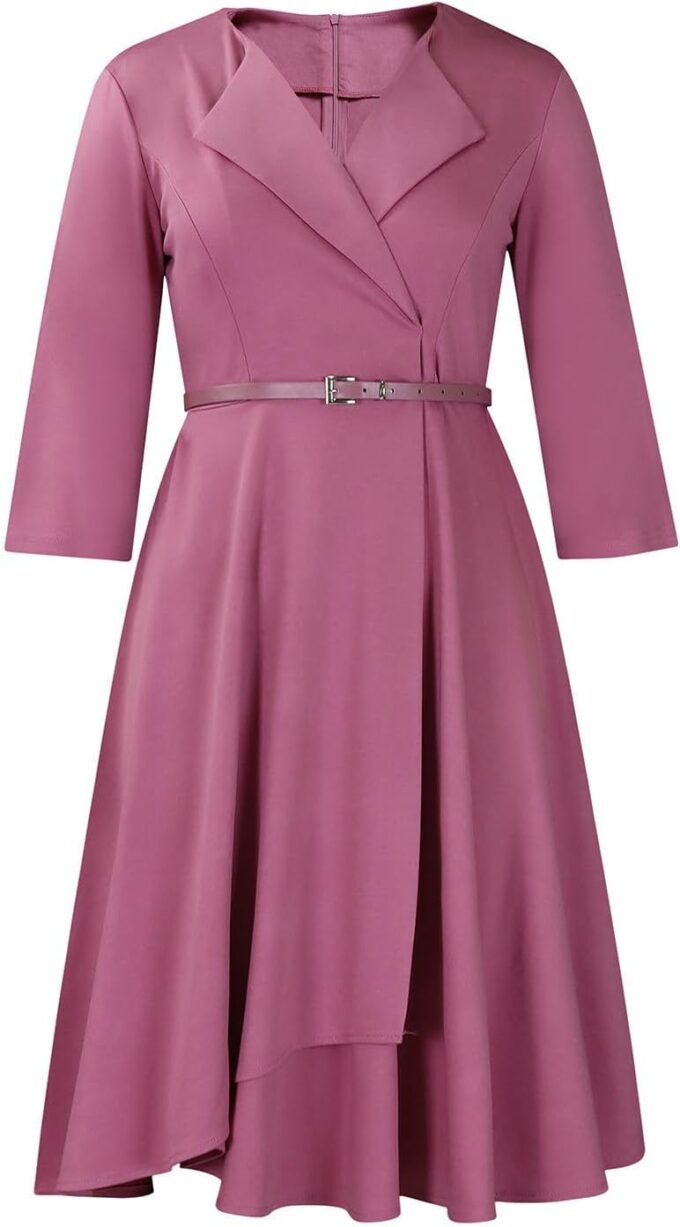 Elainone Damenkleid, 3/4-Ärmel, lässig, schwingend, ausgestellt, A-Linie, Hochzeit, Gast, halbformell, Büro, Arbeit, Kleider mit Gürtel – Bild 4