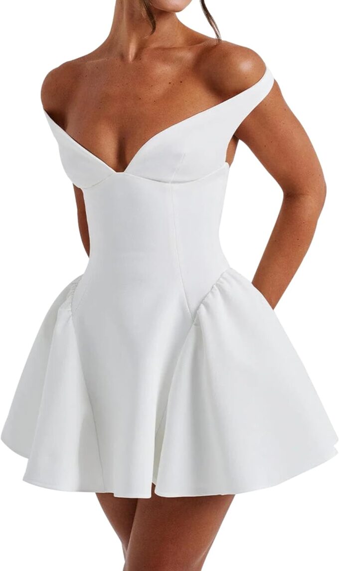 Azhong Women's Summer Sexy V Neck Off Shoulder Wedding Mini Dresses Backless A Line Puffy Hem Prom Party Gown – Bild 4