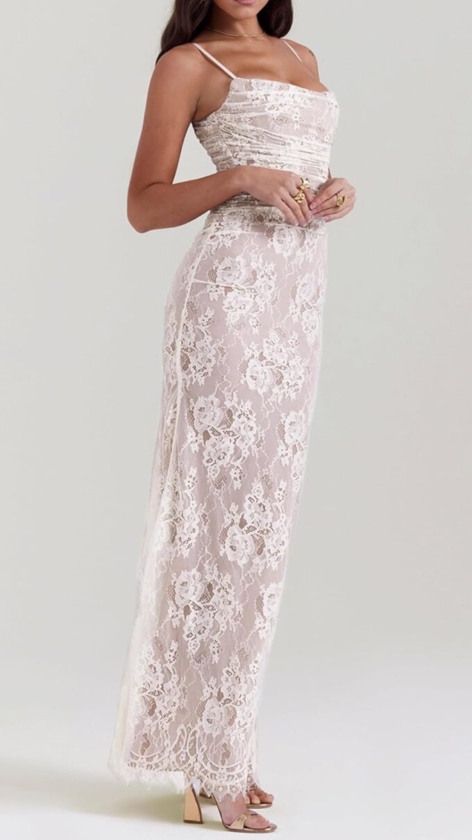 Women Vintage Cream Lace Maxi Dress Romantic Long Sleevees Lace Bodycon Dress – Bild 3