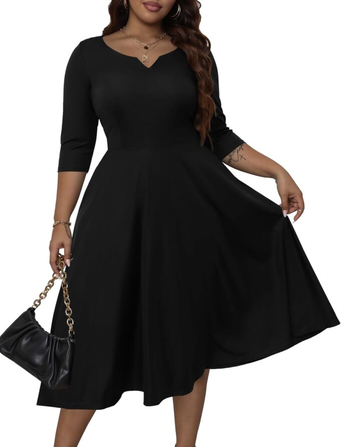Runwind Plus Size Dresses Women Fit and Flare A-Line Swing Dress 3/4 Sleeve Midi Church Wedding Guest Cocktail Party Dresses