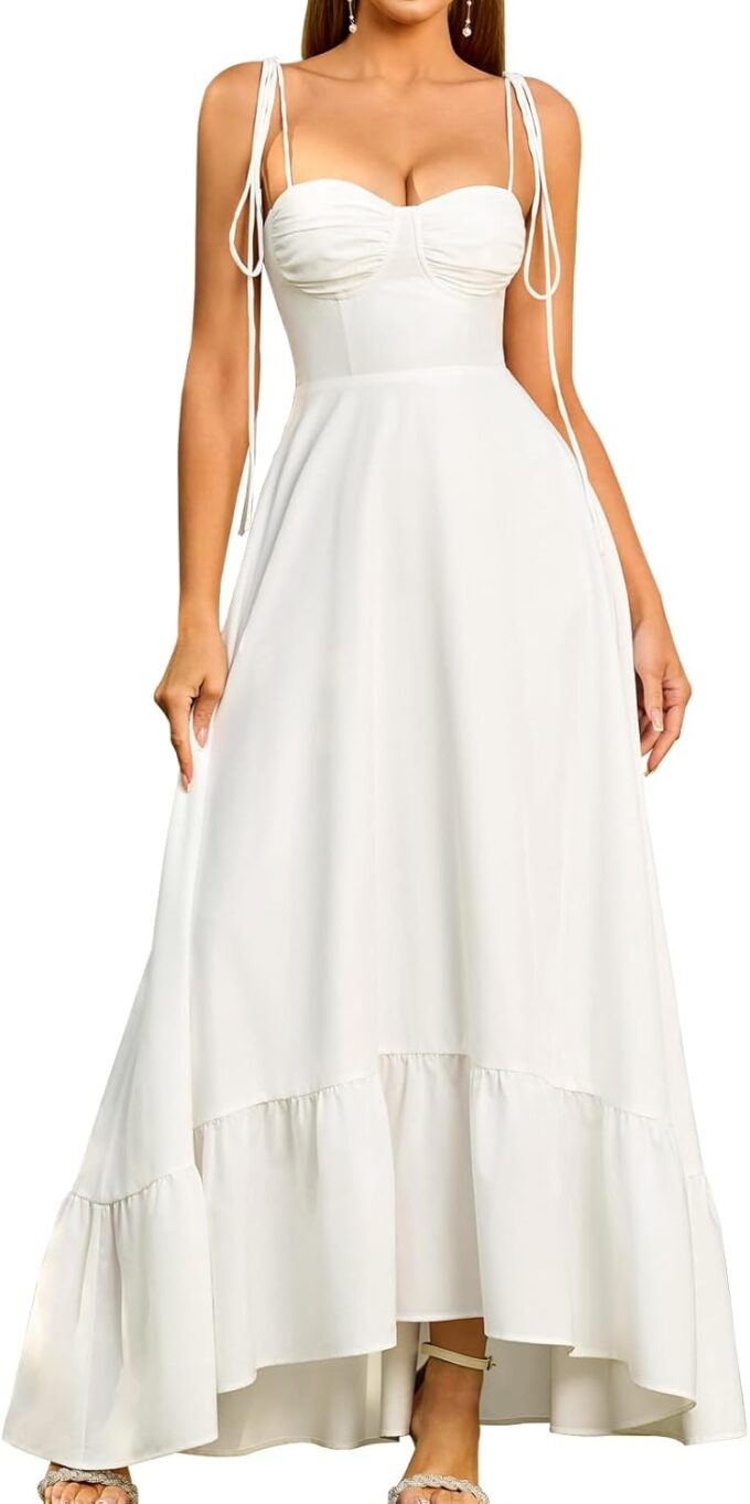 GLNEGE Women's Summer Spaghetti Strap Maxi Dress Casual Sleeveless Smocked Ruffle Tea Party Dresses Backless Flowy Sundress