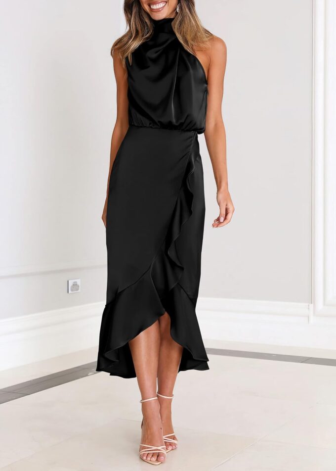 KIRUNDO Womens 2025 Summer Satin Mock Neck Wedding Guest Party Cocktail Midi Dress Sleeveless Wrap Ruffle Formal Dresses – Bild 3
