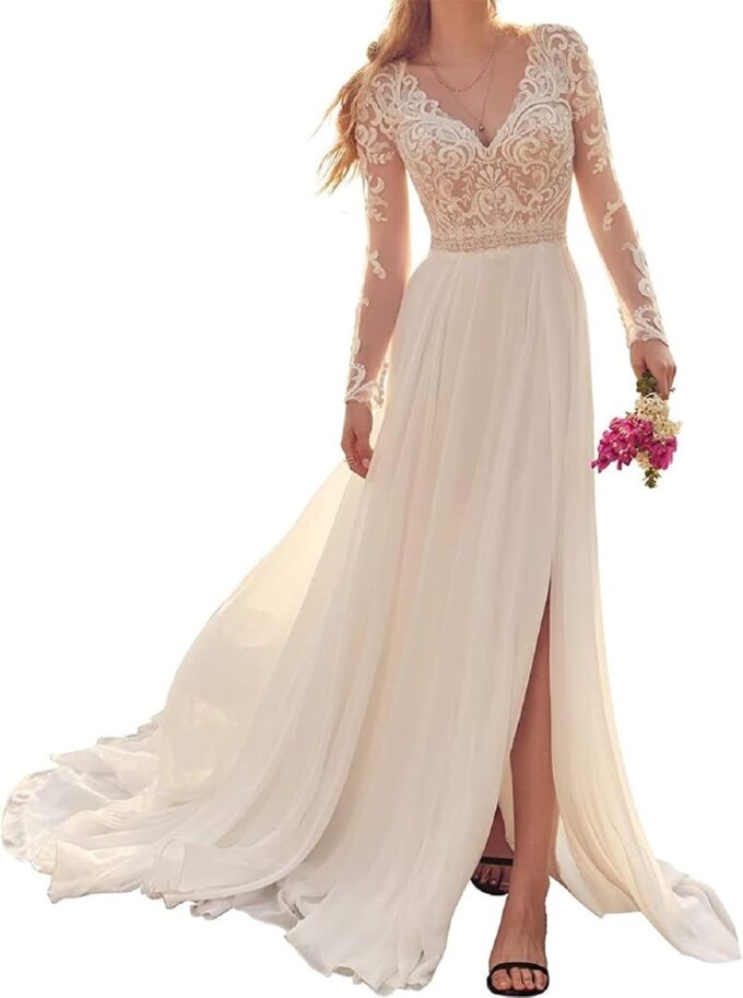 JAEDEN Boho Brautkleider Hochzeitskleider Damen Spitze Standesamtkleider Langarm Brautkleid