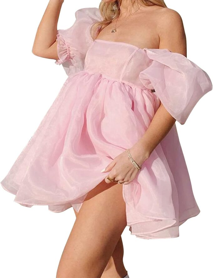 Womens Off-Shoulder Ruffled Fluffy Short-Sleeved Mesh Party Mini Princess Dress – Bild 2