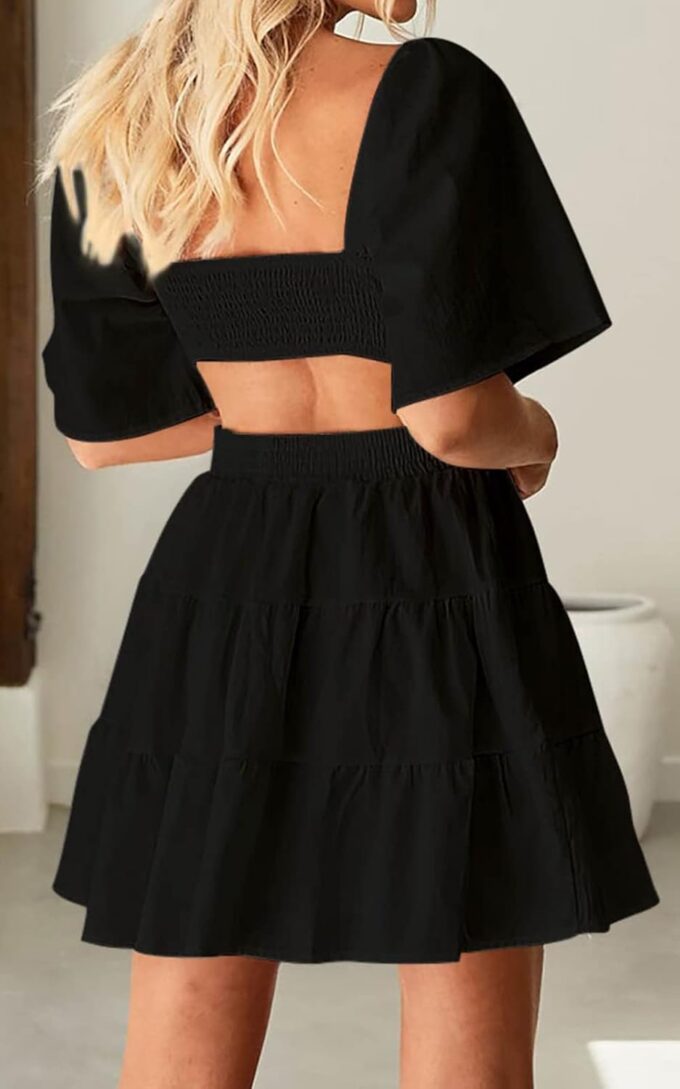 Women's Summer Dresses Square Neck Casual Short Sleeves Crossover Elastic Waist Party Mini Dress – Bild 2