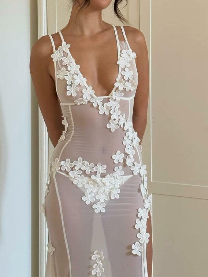 Sexy See Through Sheer Lace Maxi Dress Patchwork Backless Bodycon Long Dresses Beach Vacation Party Wear – Bild 8
