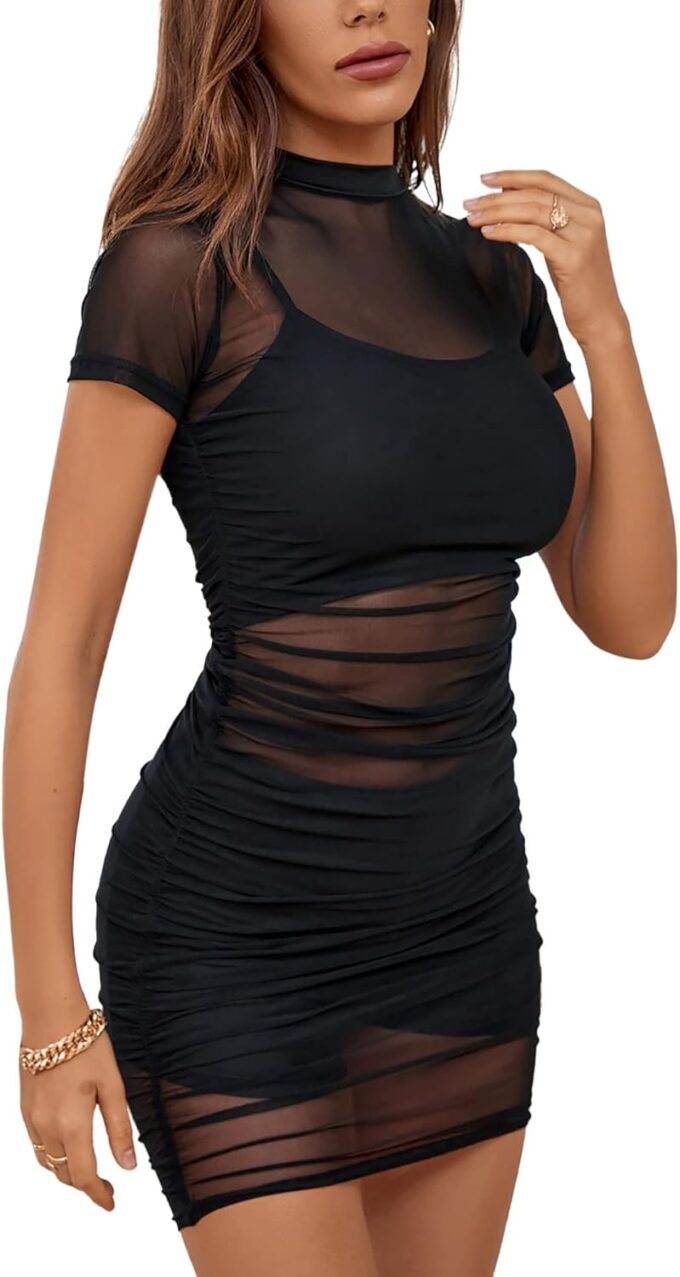 Rooscier Women's Mesh Dress Short Sleeve Bodycon 3 Piece Outfits with Cami Shorts – Bild 3