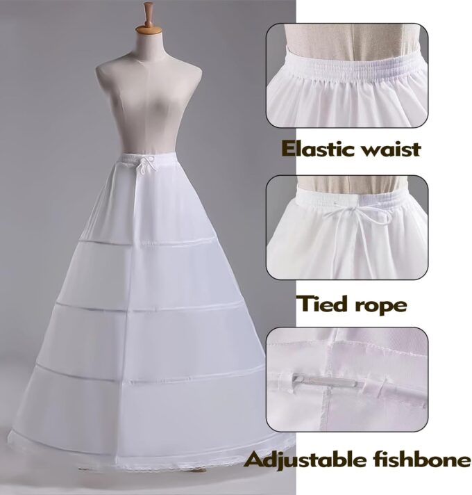 KALUROIL Reifrock Brautkleid - Damen 4 Reifen Petticoats A-Linie Bodenlang Unterrock Crinoline für Hochzeit Ballkleid Weiß – Bild 4
