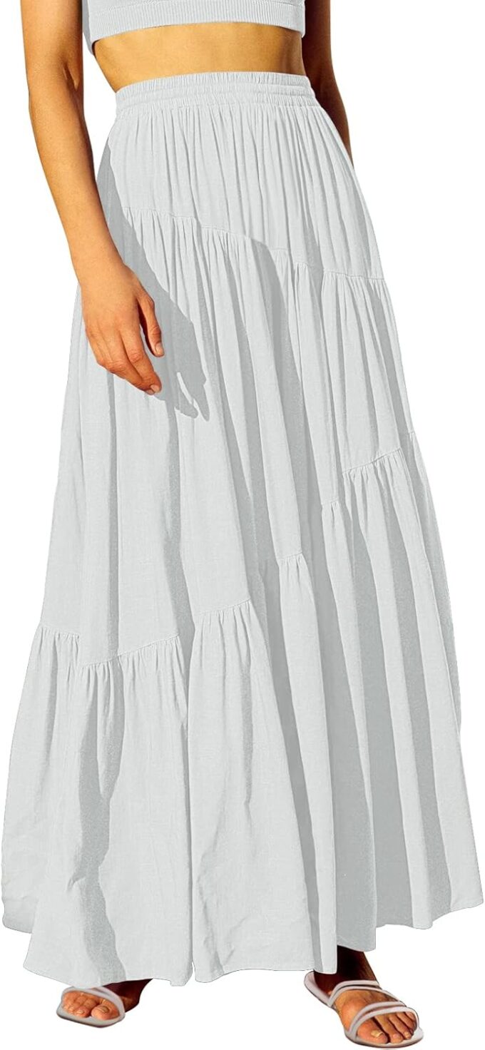 ANRABESS Women’s Boho Elastic High Waist Pleated A-Line Flowy Swing Asymmetric Tiered Maxi Long Skirt Dress with Pockets