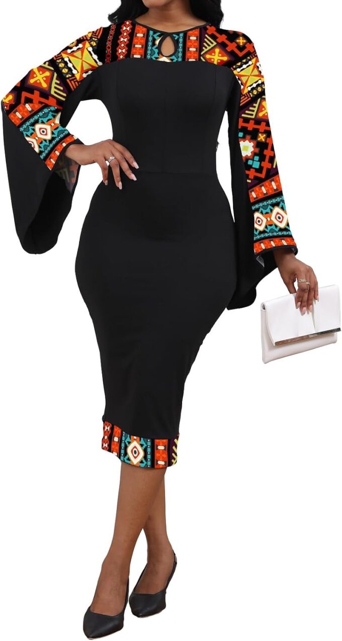 Oxgmoky Damen Kleid Kirche Kleider Arbeit Business Bodycon Split Sleeve Rundhals Floral Pencil Kleider – Bild 4