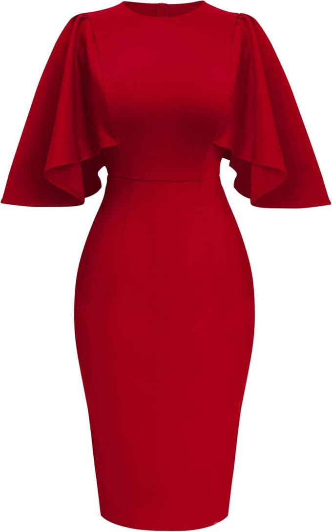 Memoriesea Damen-Midikleid mit Rüschen, ausgestellte Ärmel, figurbetont, Bleistiftkleid, formelles Cocktailkleid