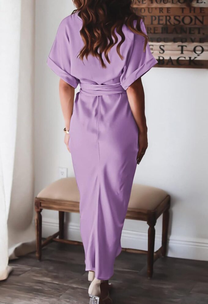 Women Elegant Satin Button Down Short Sleeve Maxi Shirt Dress with Belt – Bild 7