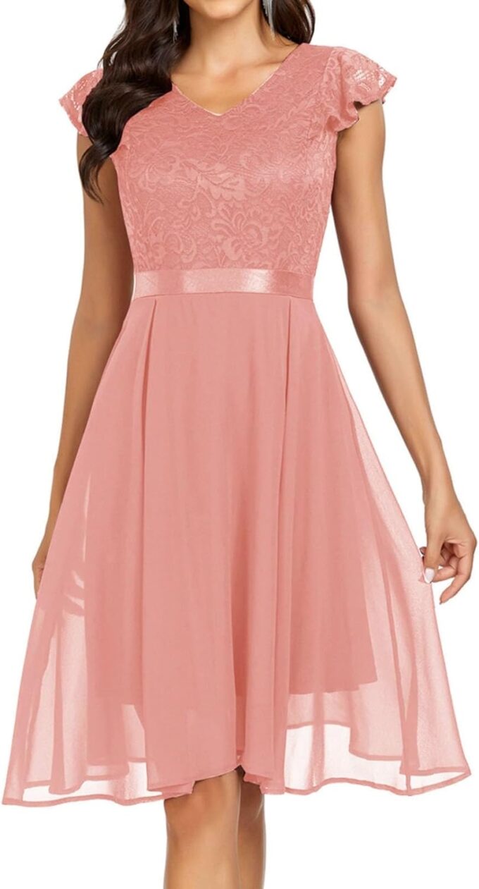 Abendkleider Damen Elegant Maxi Lang A Linie Hochzeit Cocktailkleid Festliches Knielang Standesamt Hochzeitskleid Brautkleid Partykleid V Ausschnitt Spitzen Kleid Dress 1 – Bild 2