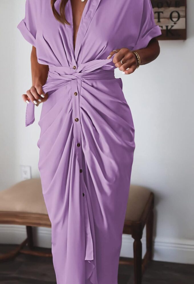 Women Elegant Satin Button Down Short Sleeve Maxi Shirt Dress with Belt – Bild 5