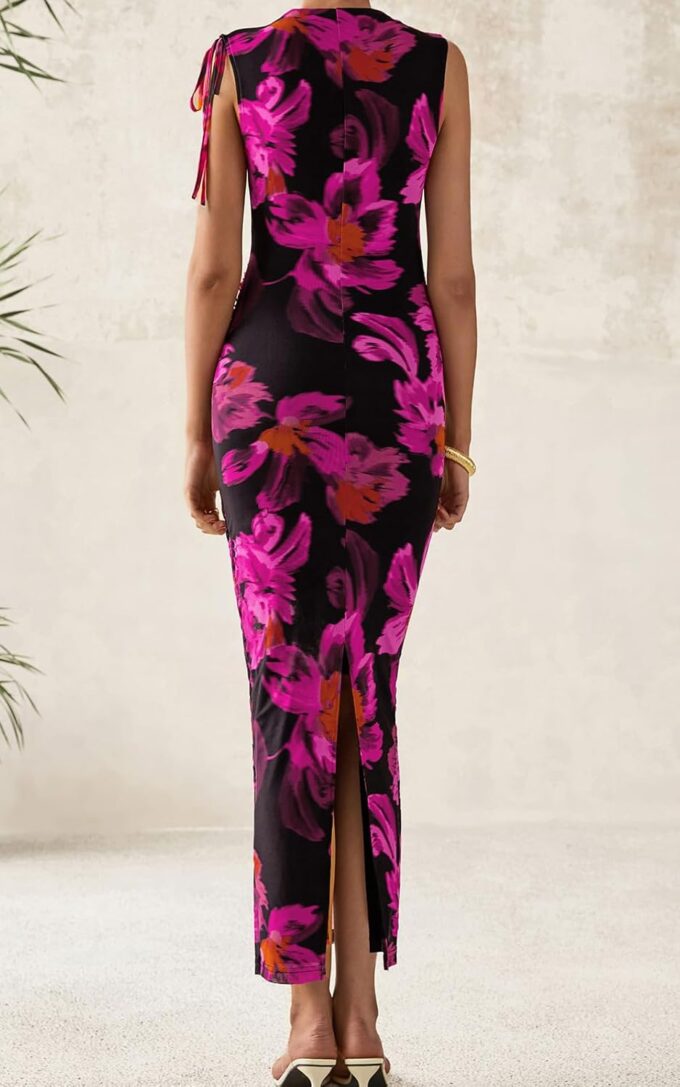 PRETTYGARDEN Women's Summer Maxi Floral Dresses Ruched Bodycon Sleeveless Mesh Formal Wedding Guest Cocktail Split Long Dress – Bild 2