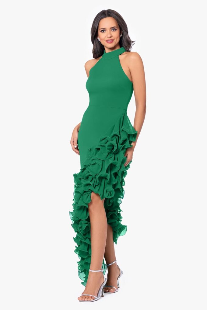 Betsy & Adam Women's Sleeveless High Neck Ruffle Detail Asymmetrical Hem Dress – Bild 2