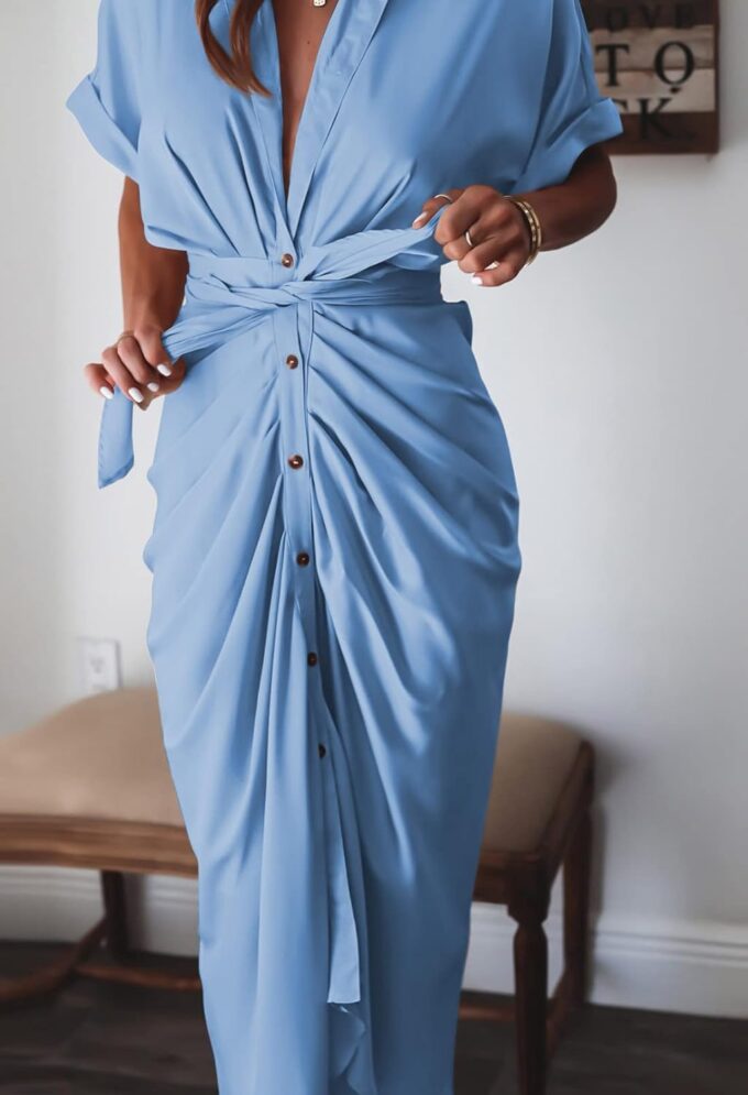 Women Elegant Satin Button Down Short Sleeve Maxi Shirt Dress with Belt – Bild 5