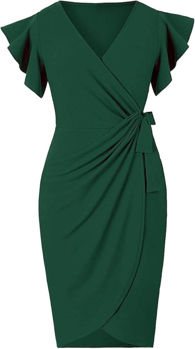 MinciLuxury Damen-Cocktailkleid 2024, Sommerkleid, Rüschenärmel, V-Ausschnitt, Party, Hochzeit, Gast, Wickelkleid – Bild 4