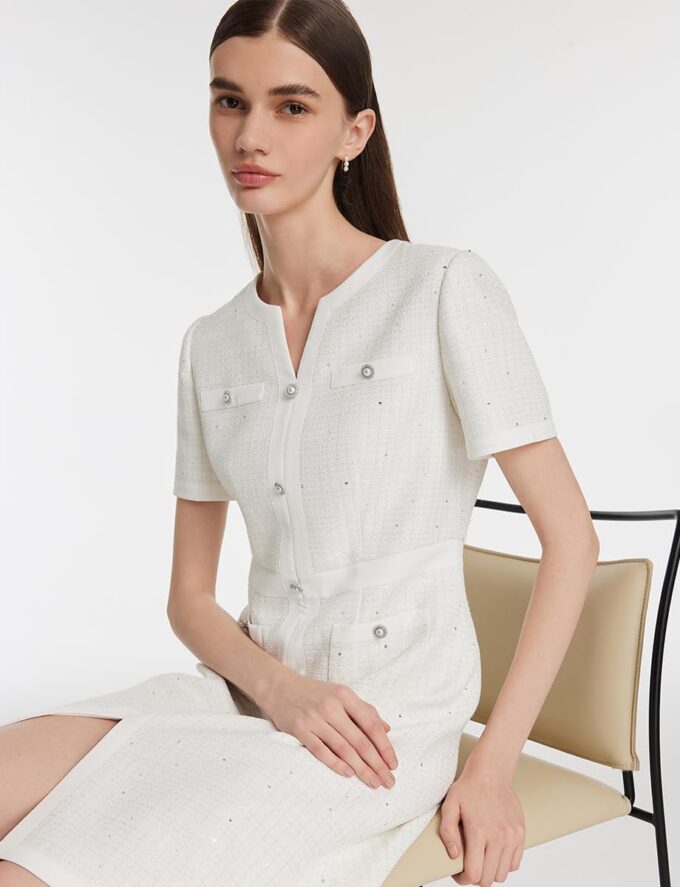 GOELIA Minikleid mit V-Ausschnitt, kurze Ärmel, schmale Passform, silberfarbene Pailletten, Tweed-Kleid, Arbeit, Abendessen, Business – Bild 9