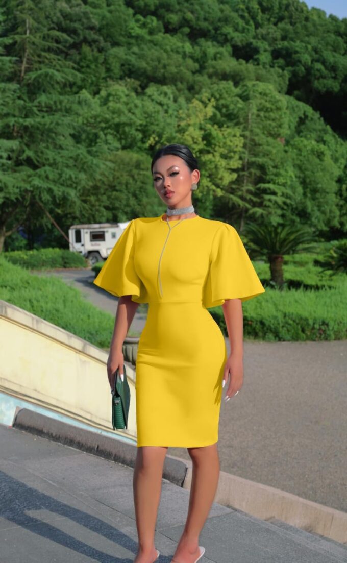 Memoriesea Women's Basic Bodycon Ruffle Flared Short Sleeve Pencil Midi Dress – Bild 3